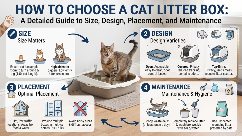 How to Choose a Cat Litter Box: A Detailed Guide to Size, Design, Placement, and Maintenance